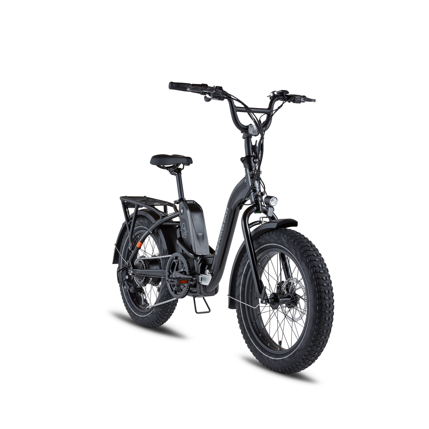 Angled front view of a black RadExpand 5 electric folding bike