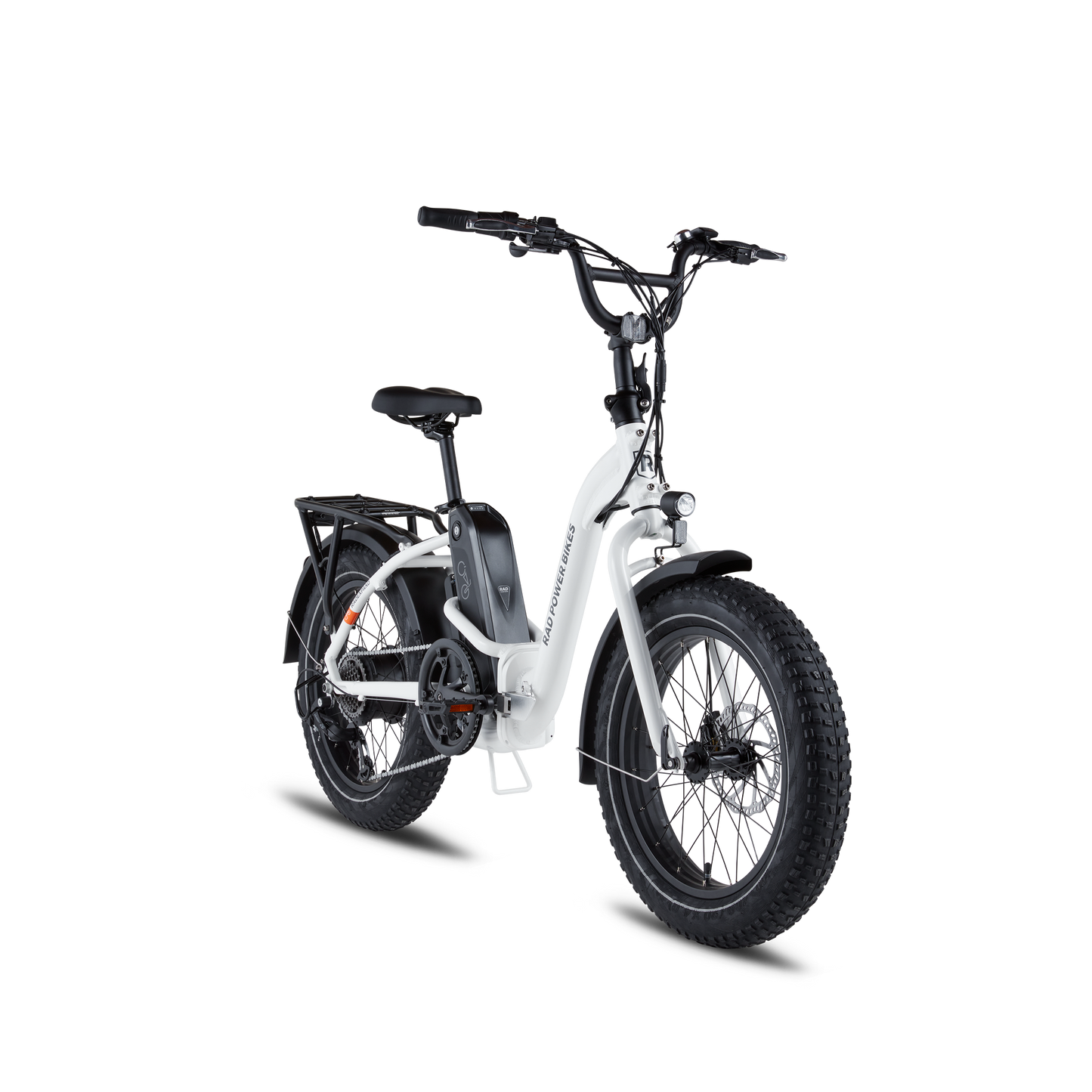 Angled front view of a white RadExpand 5 electric folding bike