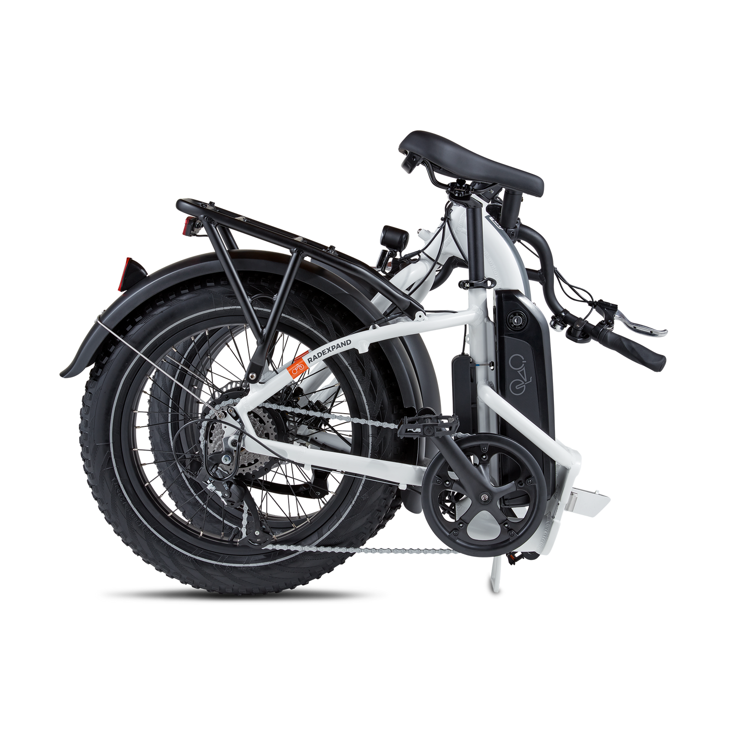 Folded view of a white RadExpand 5 electric folding bike