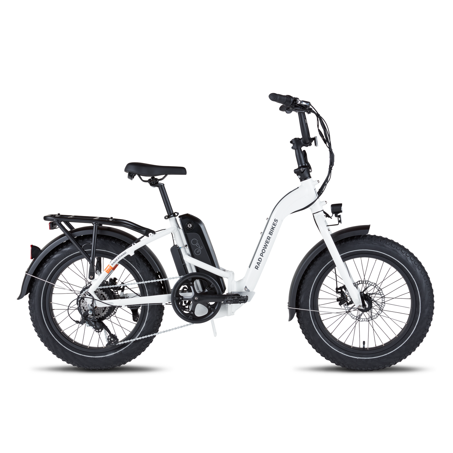 Side view of a white RadExpand 5 electric folding bike