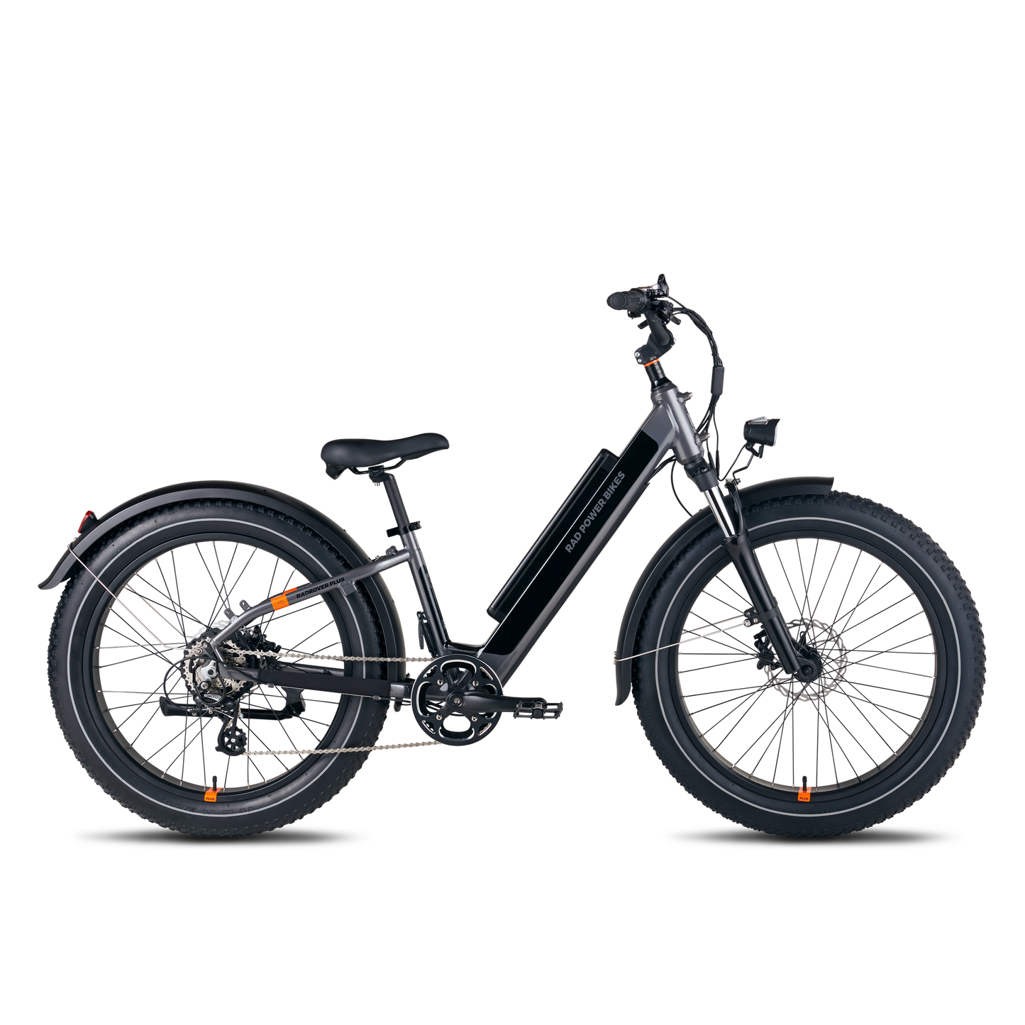 Side view of a charcoal RadRover 6 Plus step-thru electric fat tire bike