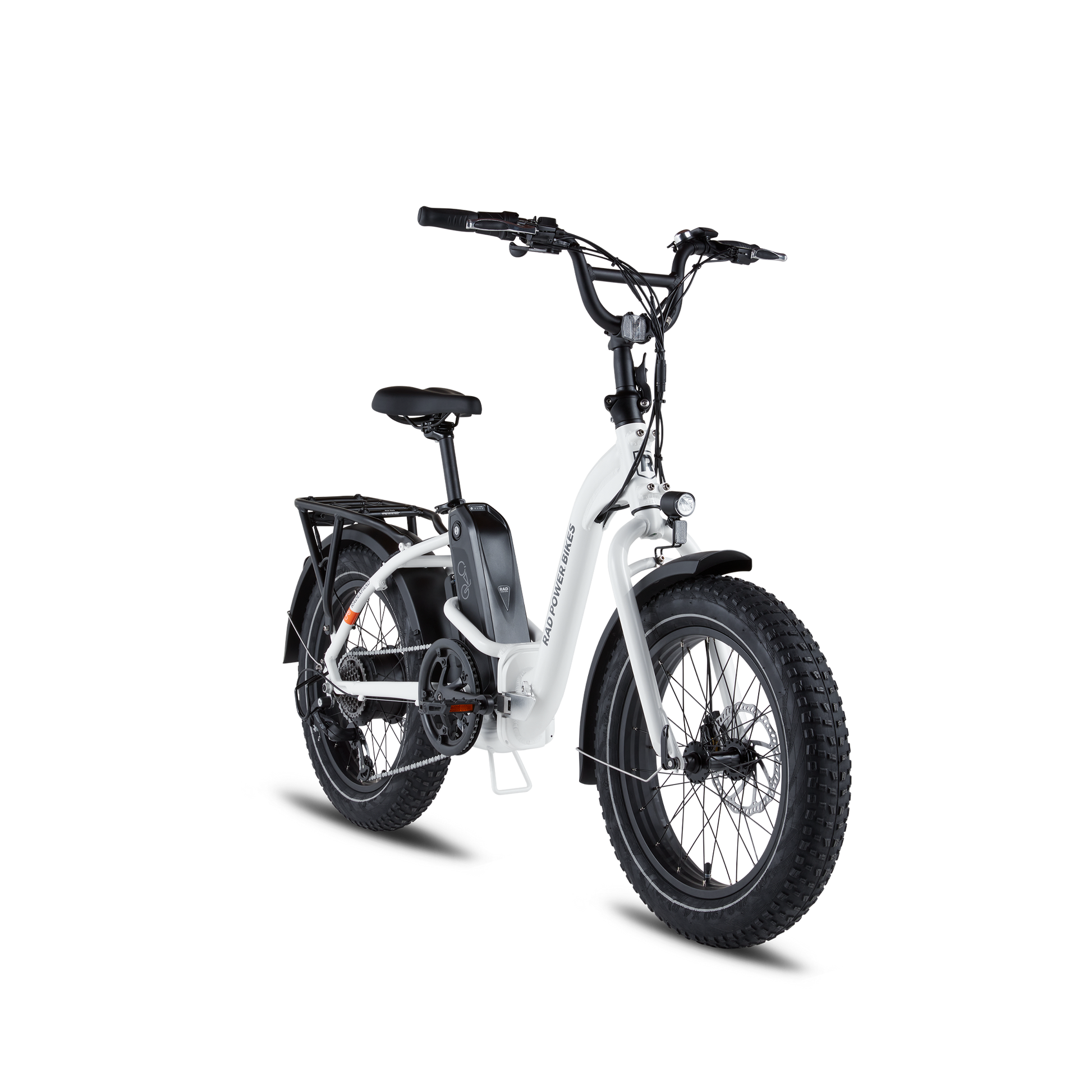 Angled front view of a white RadExpand 5 electric folding bike
