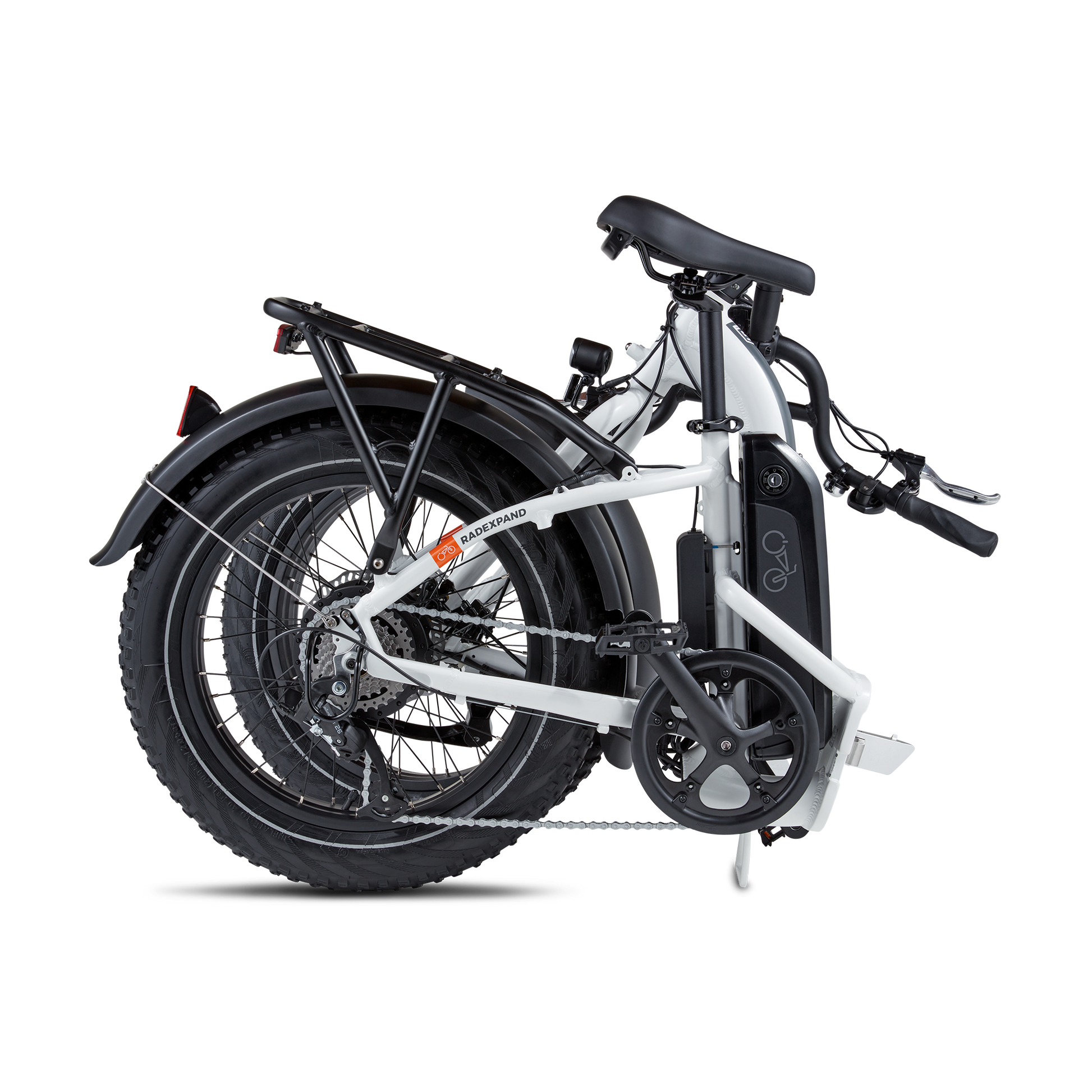 Folded view of a white RadExpand 5 electric folding bike