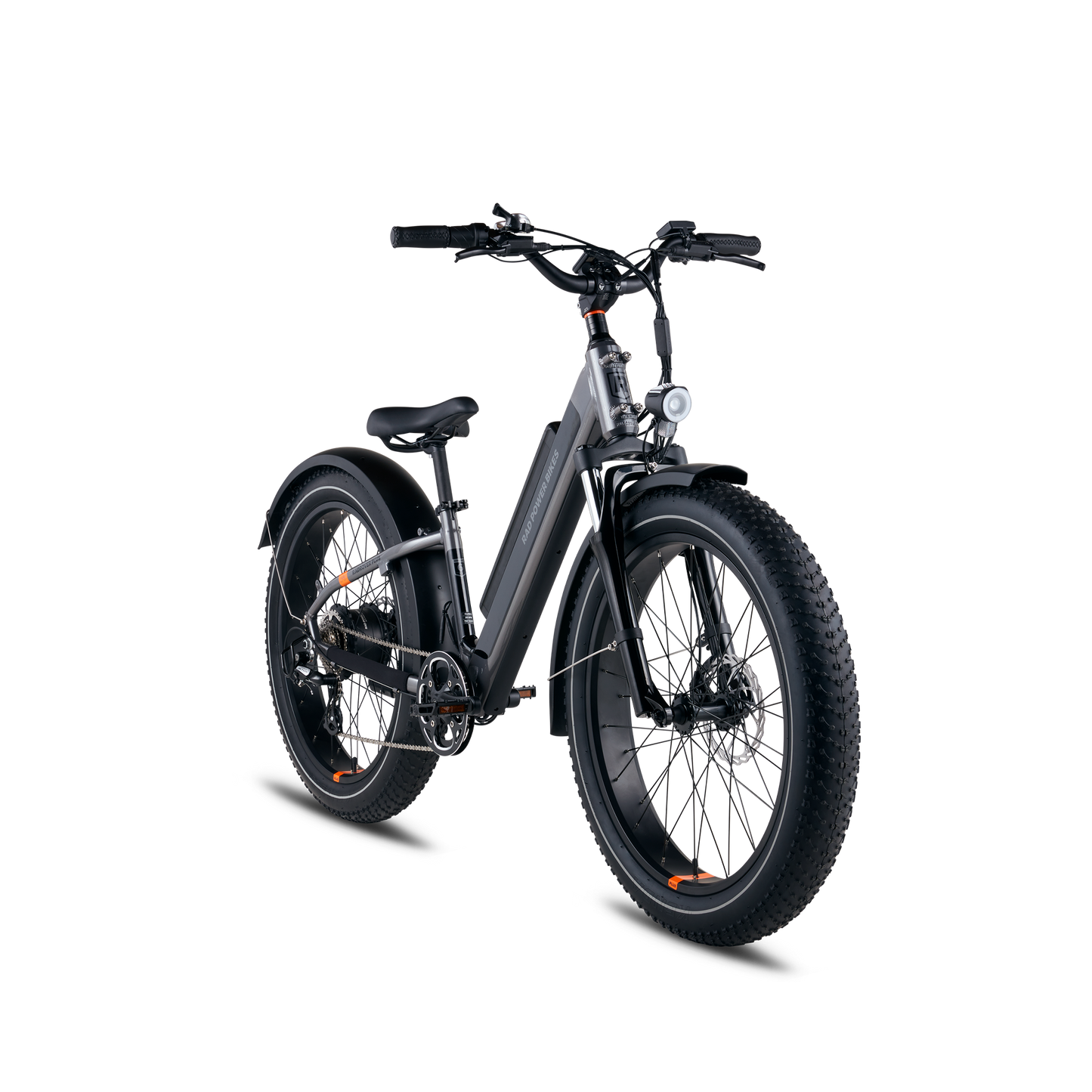 Angled front view of a charcoal RadRover 6 Plus step-thru electric fat tire bike