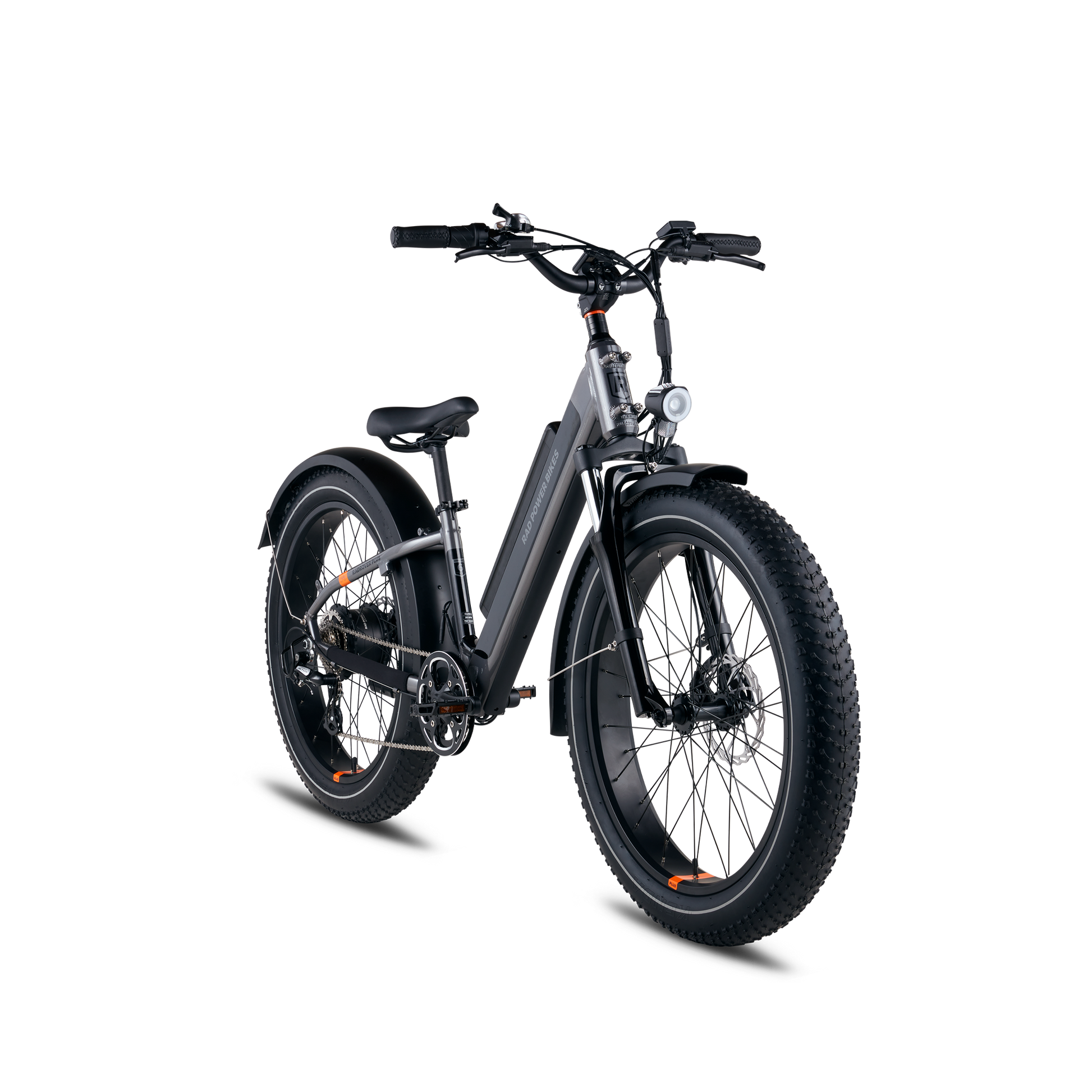 Angled front view of a charcoal RadRover 6 Plus step-thru electric fat tire bike