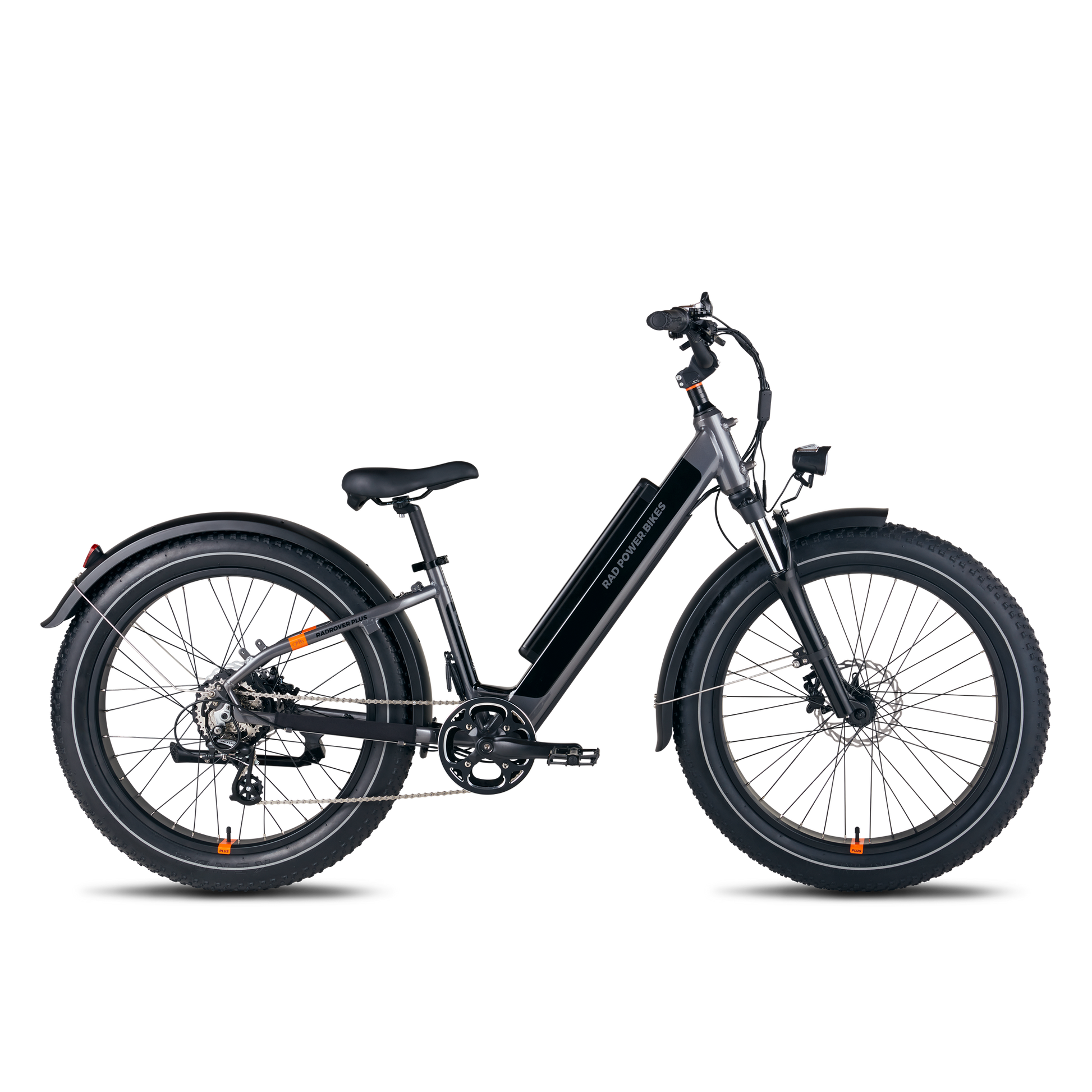 Side view of a charcoal RadRover 6 Plus step-thru electric fat tire bike